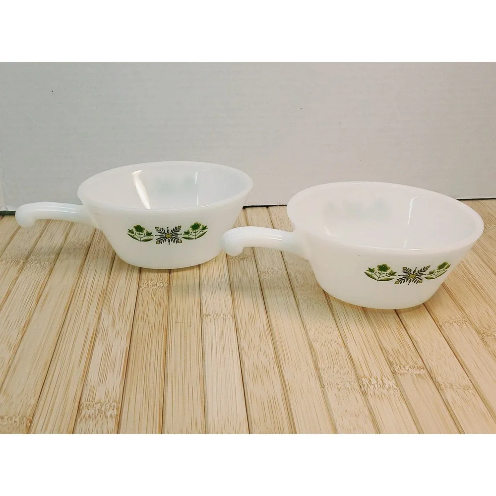 Vintage Fire-King Meadow Green Milk Glass Chili Soup Bowls with Handles Set of 2